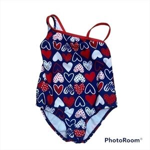 One Piece Patriotic Heart Swim Suit 3T Red White Blue Girls Toddler